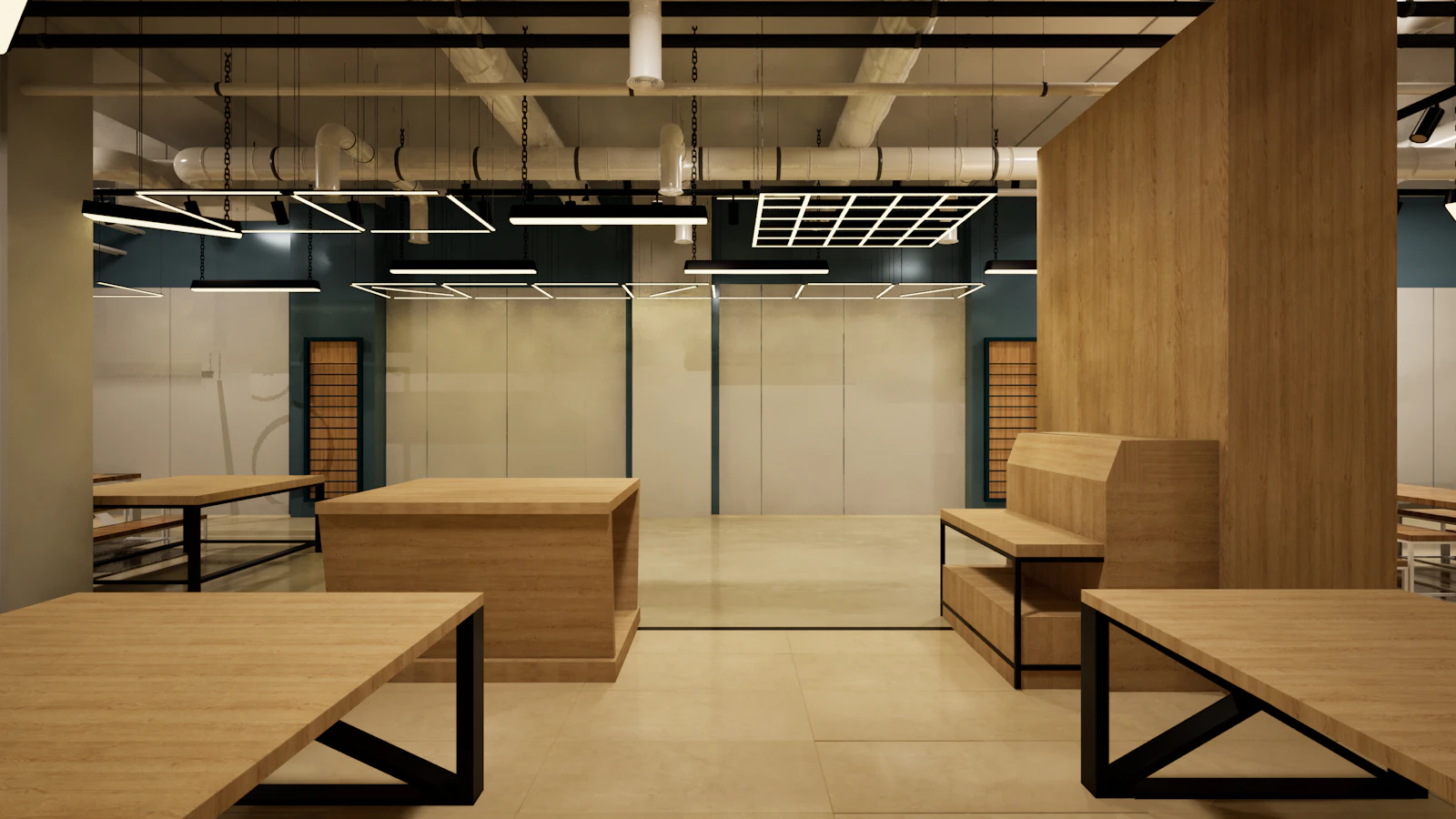 Commercial retail interior with wood display fixtures and track lighting